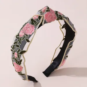 Chic mesh embroidered floral headband, wide brim high crown hair accessory for women daily wear.