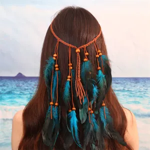 Vue détail bandeau cheveux plume bohème, plumes turquoise et perles bois, look festival.