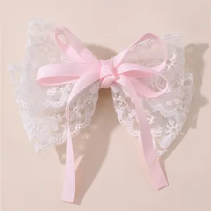 Exquisito lazo de pelo de encaje blanco con cintas rosas, dulce estilo de hada para niñas.