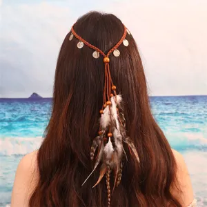 Bandeau à plumes bohème avec corde tressée et perles en bois pour femmes vacances plage.