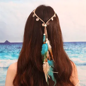 Bijou de cheveux bohème plume bandeau ethnique avec perles et pièces pour femmes plage.