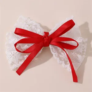 Lazo de encaje blanco para el cabello con cinta roja, horquilla bonita para uso diario.