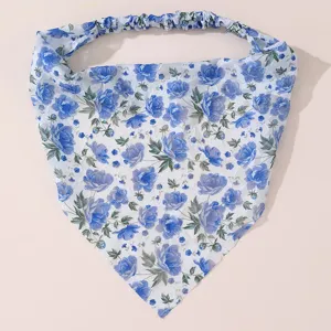 Blue floral print triangle hair scarf chiffon bandana elastic headband for women daily wear