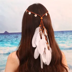Bandeau à plumes bohème avec corde tressée et pièces en métal pour femmes vacances