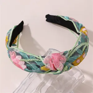 Floral embroidered wide headband for women, elegant mesh hair hoop for daily fashion styling.