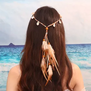Bandeau de cheveux bohème en plumes et coquillages, serre-tête ethnique à franges pour femme vacances