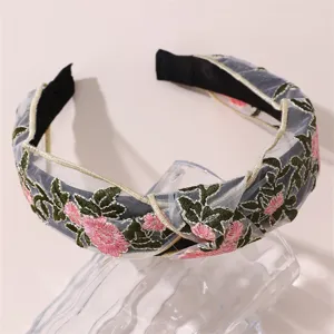 Wide floral embroidered headband for women, stylish mesh hair hoop fashion hair accessory.