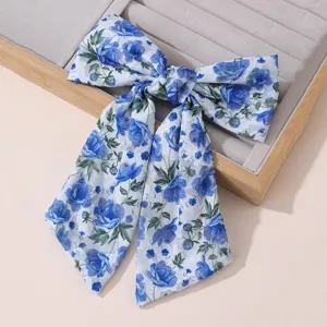 Blue floral chiffon bow hair clip for women elegant back head spring clip hair accessory