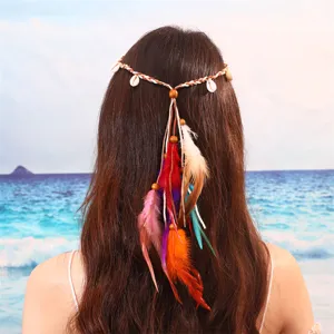 Bandeau cheveux plume bohème style ethnique coquillage serre-tête femme plage voyage accessoire détail