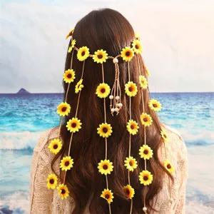 Accessoire de cheveux tournesol boheme long bandeau a franges guirlande florale femme plage