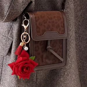 Red Rose Flower Tassel Pearl Keychain Alloy Bag Charm Sweet Style Women Key Ring Pendant Jewelry Gift
