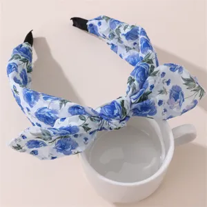 Blue floral chiffon bow headband, elegant daily hair accessory, sweet style detail view.