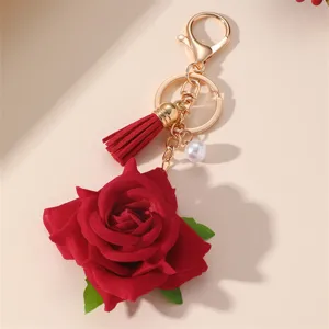 Red rose keychain with tassel pearl charm, sweet style bag pendant for women accessories.