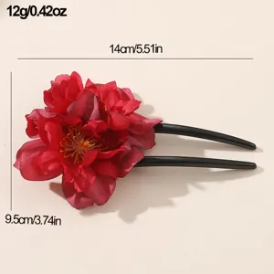 Forcina per capelli a U con fiore rosso dolce transfrontaliero donna semplice 14cm