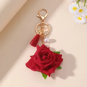 Red rose keychain with tassel pearl pendant cute bag charm sweet style metal ring holder accessory
