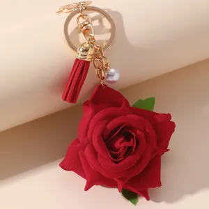 Sweet red rose keychain with tassel and pearl pendant, stylish bag charm for women spring new.