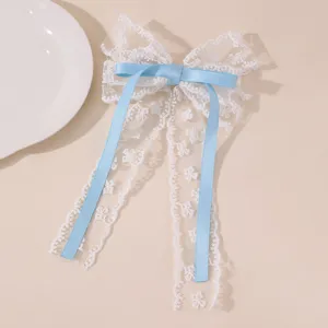 Weißer Spitzen Schleife Haarklammer mit langem blauen Band, süße Haarspange für Damen Accessoires!