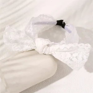 White lace bow headband detail view, sweet style anti-slip hair hoop for women everyday wear.