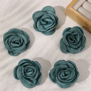 Dark green satin rose fabric hair clips detail, elegant floral duckbill clip for women autumn winter.