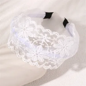 White lace wide headband with floral embroidery sweet hair hoop for women and girls daily wear.