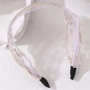 Exquisite lace mesh wide hair hoop detail shot, elegant gold embroidery headband for daily wear.