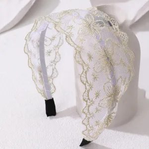 White lace headband with gold floral embroidery, wide brim sweet hair accessory for women.