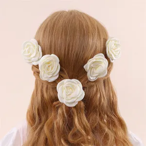 White fabric rose hair clip for women, elegant floral duckbill hairpin for daily styling.