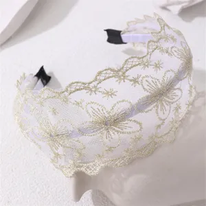 White lace wide headband with gold embroidery floral design sweet hair accessories for women