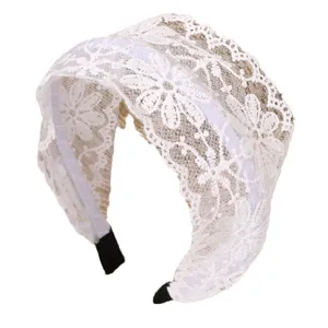 White lace headband for women, wide rim floral hair hoop with anti-slip teeth sweet accessory.