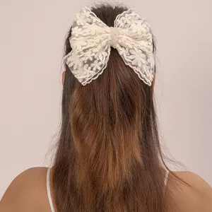 Women Sweet Lace Bow Hair Clip Elegant Pearl Spring Clip Fashion Hair Accessories For Daily Party Hair Styling