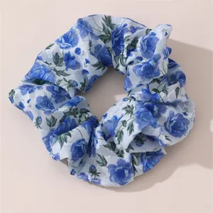 Blue floral chiffon scrunchie hair tie elegant hair accessory for women daily wear