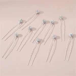 Silver rhinestone ball U-shaped hair pins, elegant bridal and daily hair styling tools.
