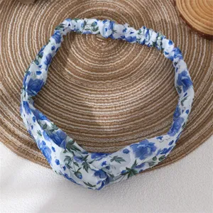 Blue and white floral chiffon hair band, elegant twisted design for women hair accessories.