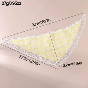 Yellow and white plaid lace triangle hair scarf head wrap with delicate floral lace trim.