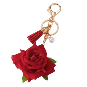 Red Rose Keychain with Tassel and Pearl Pendant Sweet Style Women Bag Charm Gold Hardware
