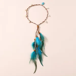 Gros plan sur les détails du bandeau en plumes bohème avec cordelette et perles turquoise.