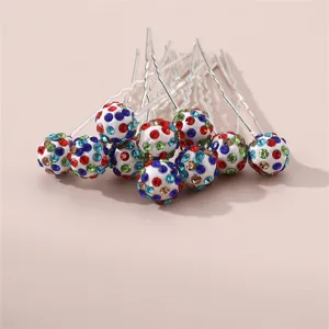 Colorful rhinestone spherical U-shaped hairpins, sparkling daily hair fork accessories detail.