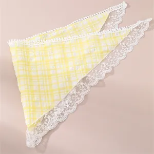 Yellow plaid triangular hair scarf with delicate white lace trim and pom-poms, spring fresh style.