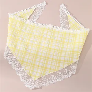 Yellow plaid triangle hair band with white lace trim and cute pom-poms for daily sweet style.