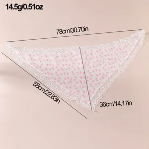 Detailed view of the pink floral lace triangle hair scarf showing dimensions and lightweight fabric.