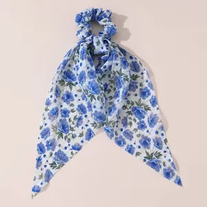 Blue floral chiffon ribbon hair scrunchie elegant long tail hair tie accessory for women