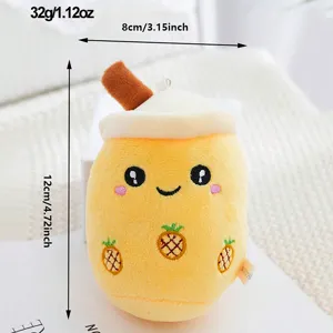 Cute pineapple bubble tea plush toy pendant keychain detail view, soft stuffed charm.