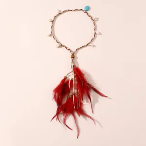 Bandeau à plumes bohème avec coquillages naturels et perles en bois accessoire cheveux ethnique.