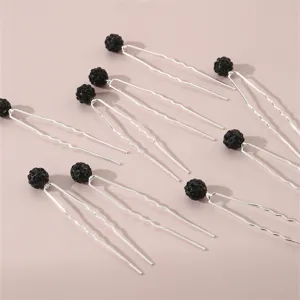 Silver U-shaped hair pins with black rhinestone balls, elegant hair styling fork for women.