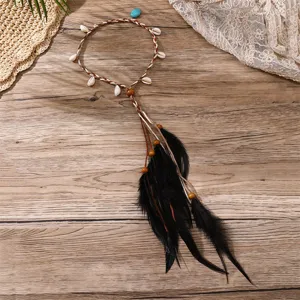 Détail de bandeau de cheveux bohème en plume, accessoire ethnique coquillage et perle bois.
