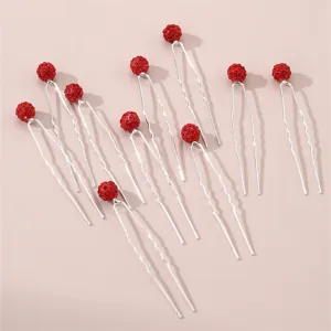 Red rhinestone ball U shaped hairpin elegant metal hair fork cute styling hair accessories