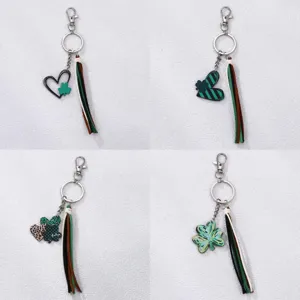 St. Patrick's Day Shamrock Clover Keychain Green Heart Leather Tassel Key Chain Cute Bag Charm Car Key Ring Women Jewelry Gift