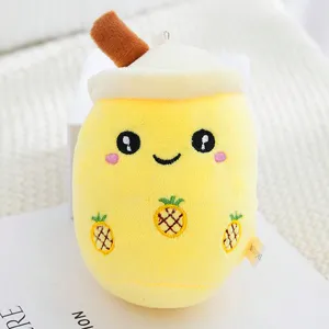 Cute pineapple boba tea plush pendant soft toy, adorable cartoon cup keychain decoration.