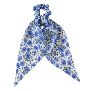 Blue floral chiffon bow hair scrunchie elegant ribbon hair accessory for women daily