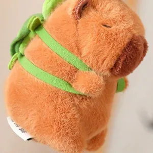 Detailed close-up view of the cute capybara plush toy with a green turtle backpack pendant.